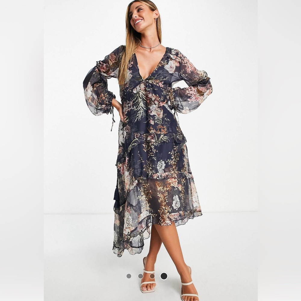 Layered Tiered Midi Dress - ASOS Design - Navy Floral - Size 4